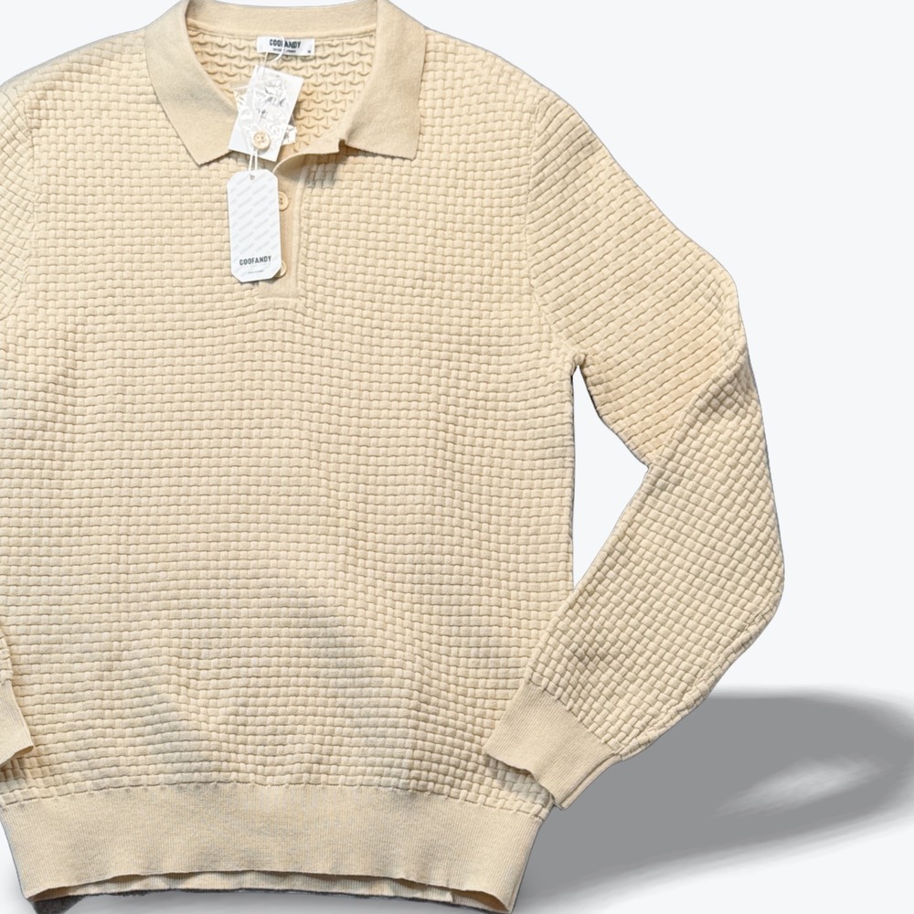 COOFANDY Mens Waffle Knit Polo Sweater‎ Long Sleeve Basketweave Medium